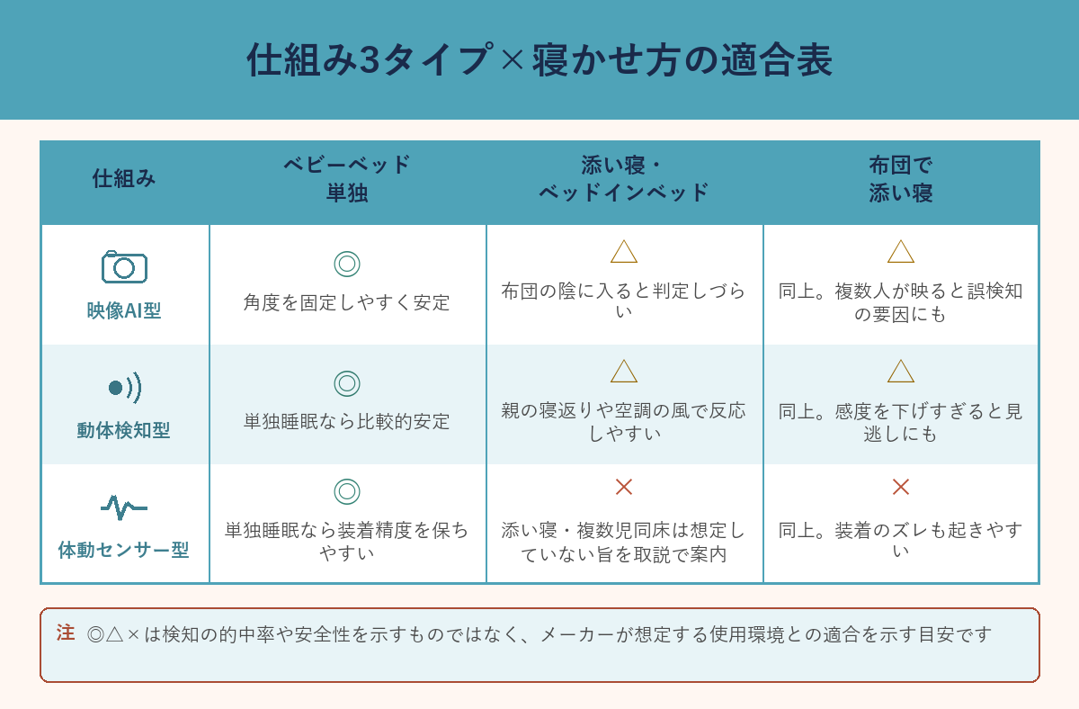 仕組み3タイプ×寝かせ方の適合表（映像AI型・動体検知型・体動センサー型）